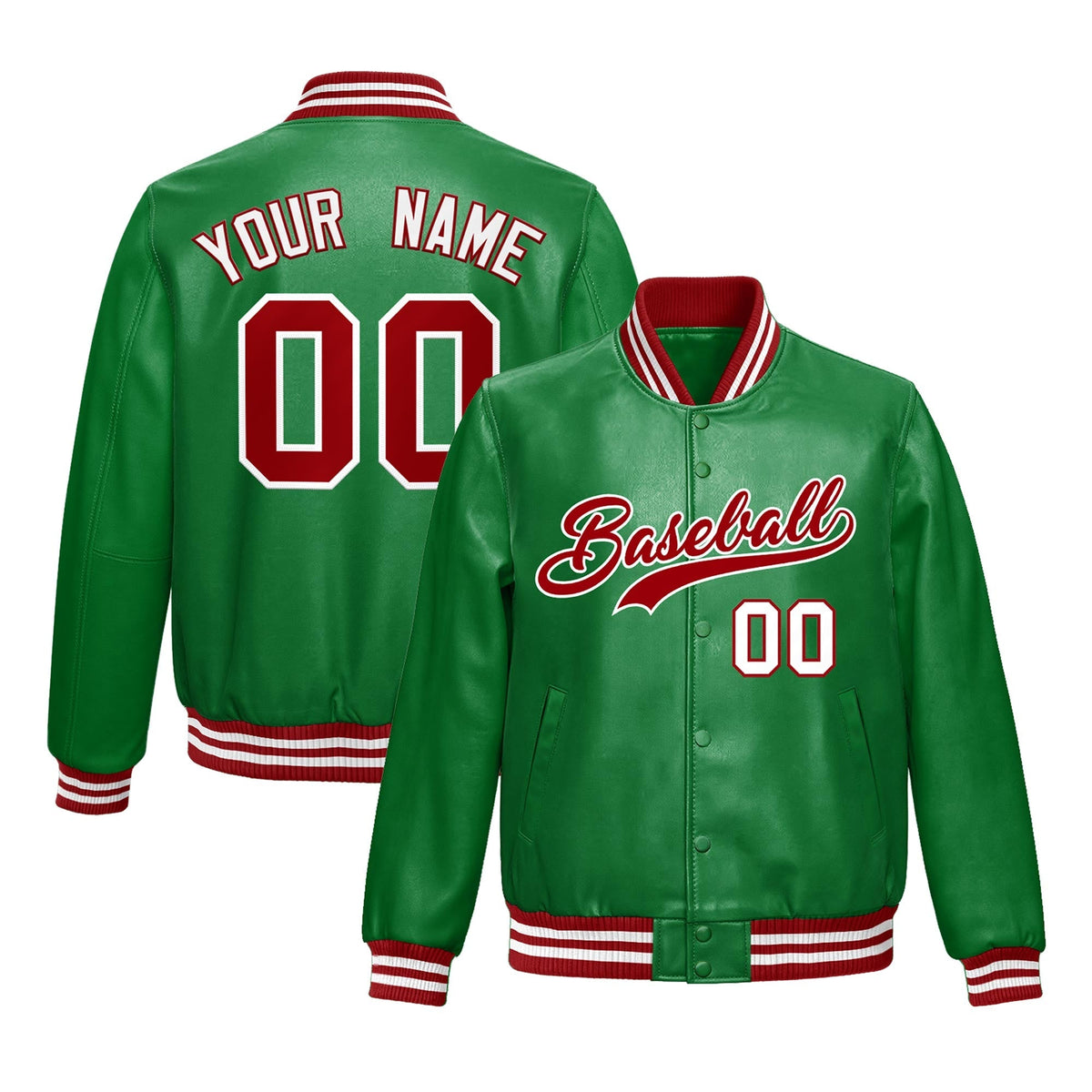 Custom Kelly Green Red Full-Snap Varsity Faux Leather Letterman Jacket| KXKSHOP