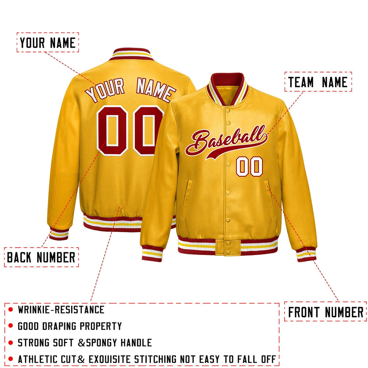 Custom Yellow Red Full-Snap Varsity Faux Leather Letterman Jacket| KXKSHOP