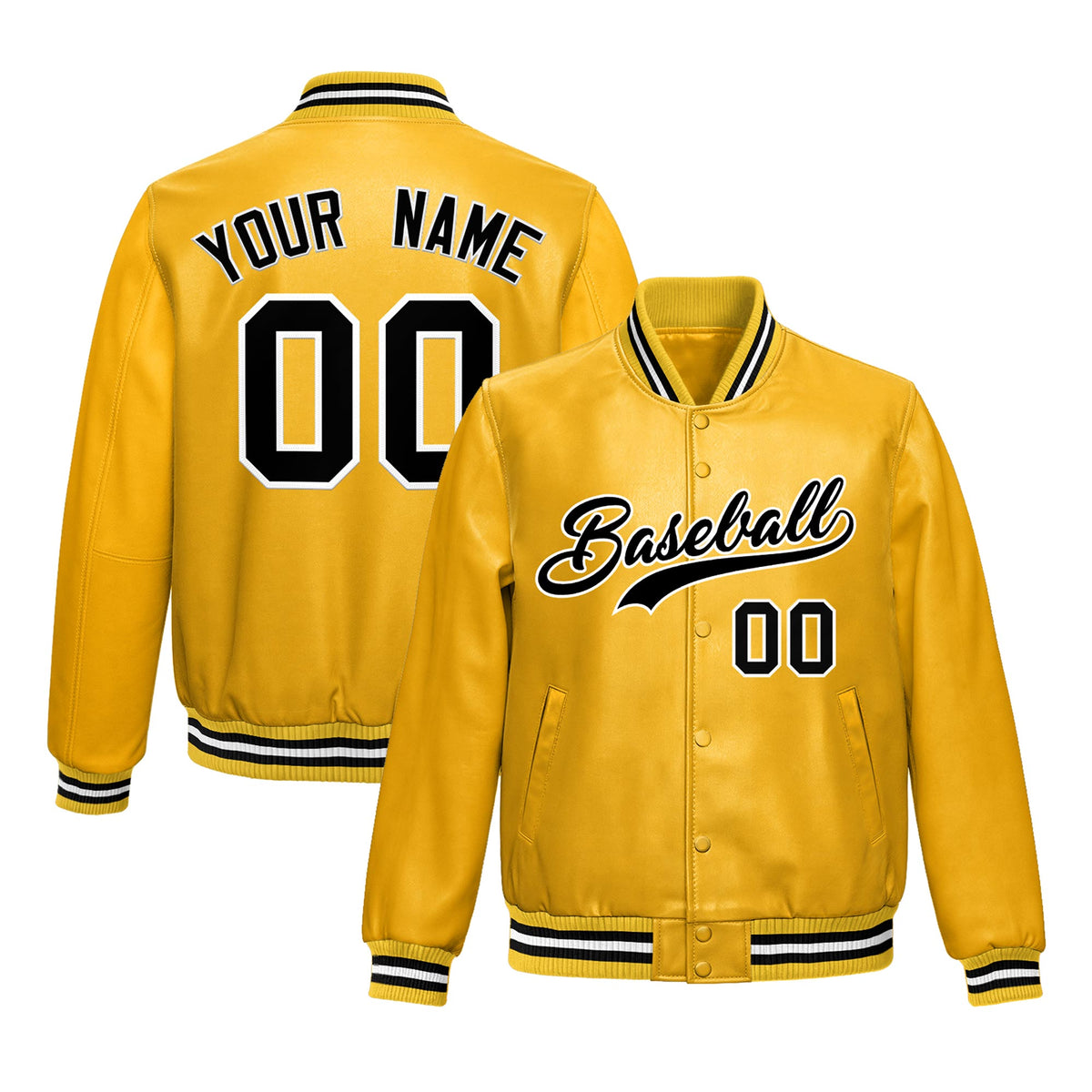 Custom Yellow Black Full-Snap Varsity Faux Leather Letterman Jacket| KXKSHOP