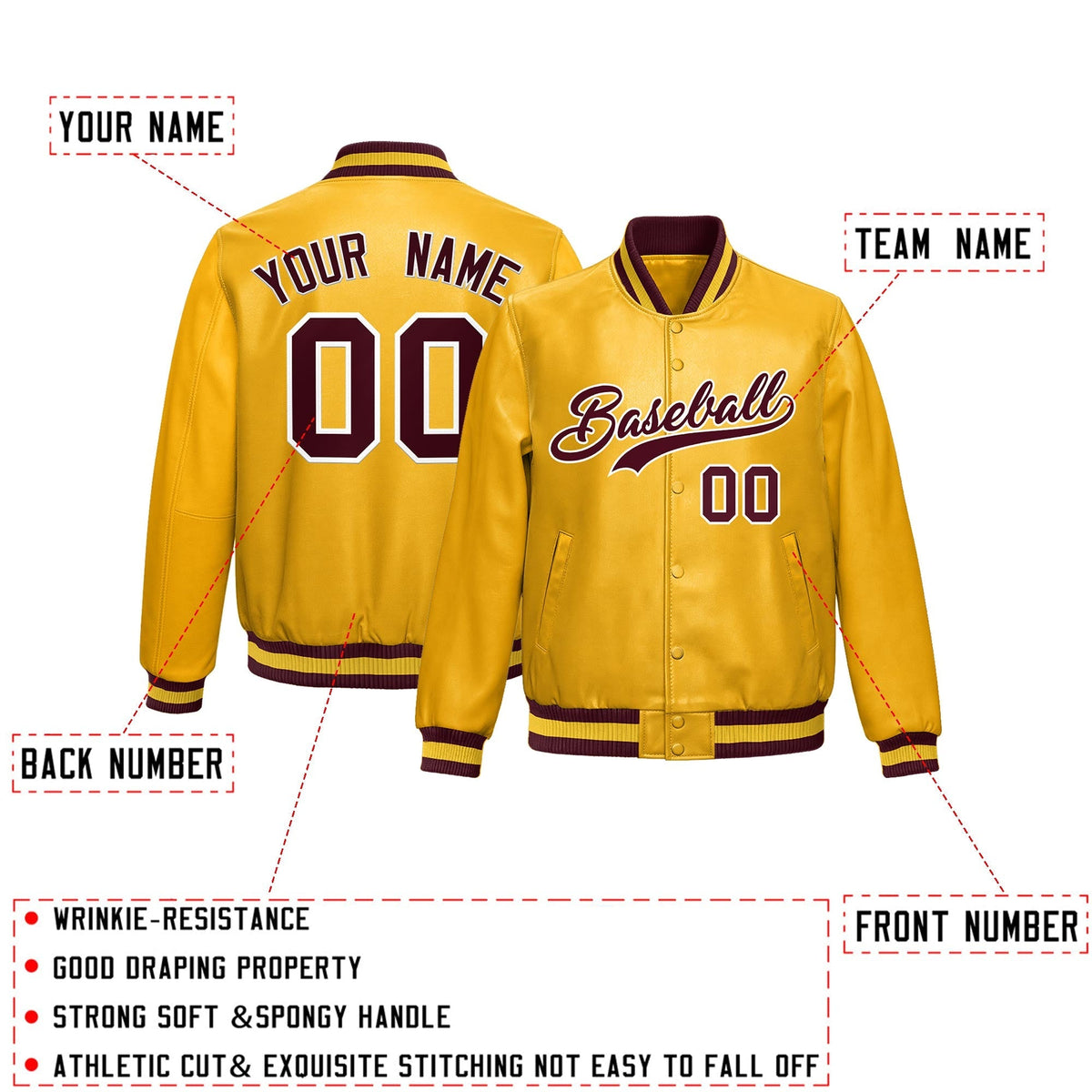 Custom Yellow Crimson Full-Snap Varsity Faux Leather Letterman Jacket| KXKSHOP