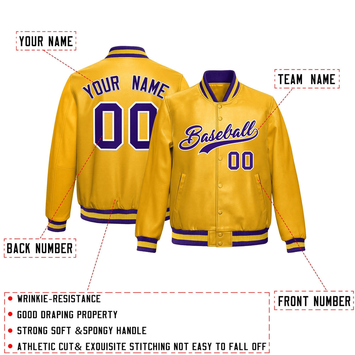 Custom Yellow Purple Full-Snap Varsity Faux Leather Letterman Jacket| KXKSHOP
