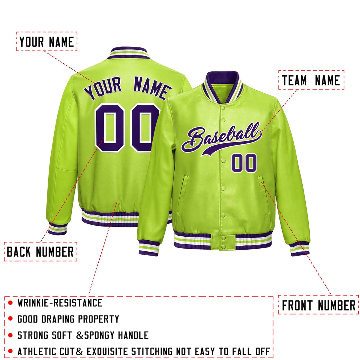 Custom Neon Green Purple Full-Snap Varsity Faux Leather Letterman Jacket| KXKSHOP