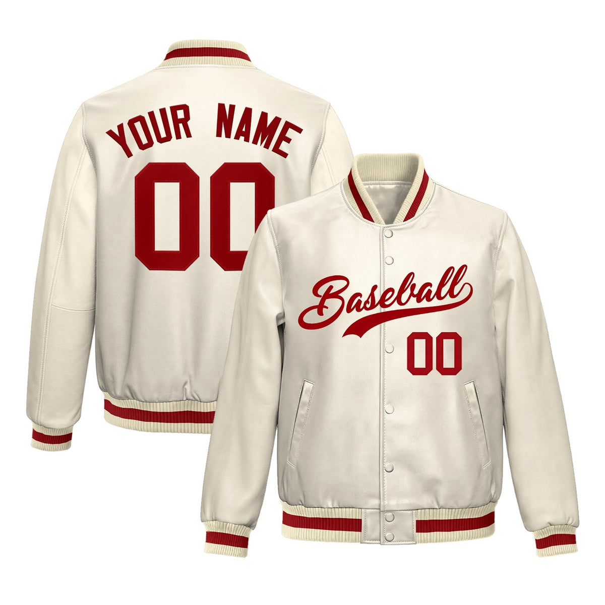 Custom Cream Red Full-Snap Varsity Faux Leather Letterman Jacket| KXKSHOP