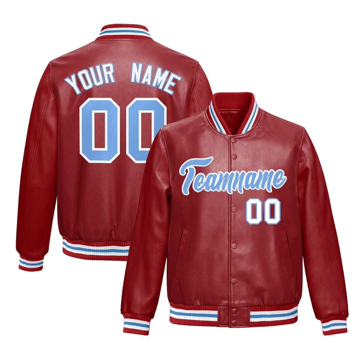 Custom Red Light Blue Full-Snap Varsity Faux Leather Letterman Jacket| KXKSHOP