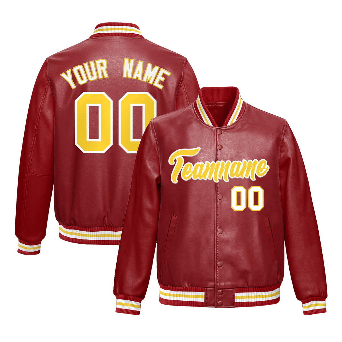Custom Red Gold Full-Snap Varsity Faux Leather Letterman Jacket| KXKSHOP