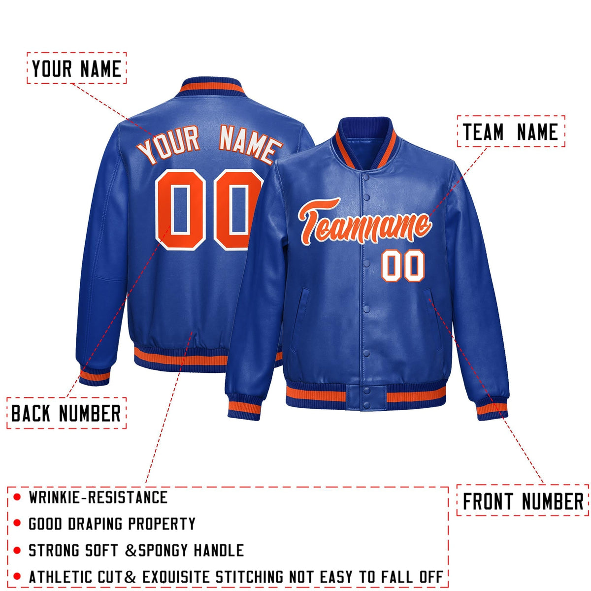Custom Royal Blue Orange Full-Snap Varsity Faux Leather Letterman Jacket| KXKSHOP