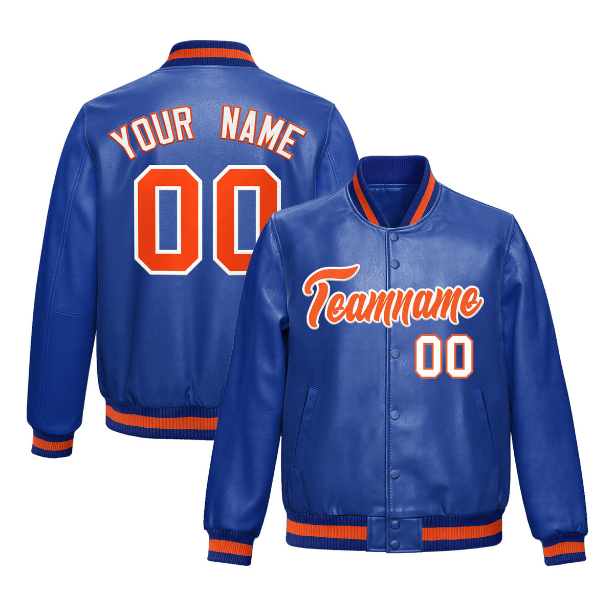 Custom Royal Blue Orange Full-Snap Varsity Faux Leather Letterman Jacket| KXKSHOP