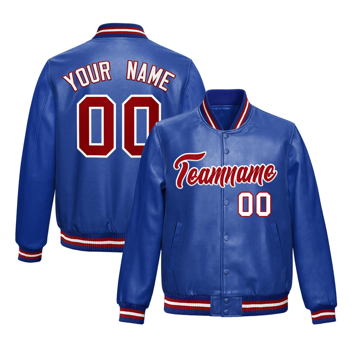 Custom Royal Blue Red White Full-Snap Varsity Faux Leather Letterman Jacket| KXKSHOP