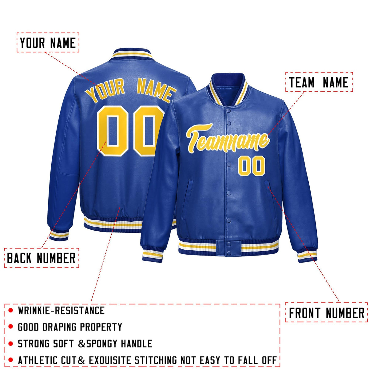 Custom Royal Blue Gold Full-Snap Varsity Faux Leather Letterman Jacket| KXKSHOP