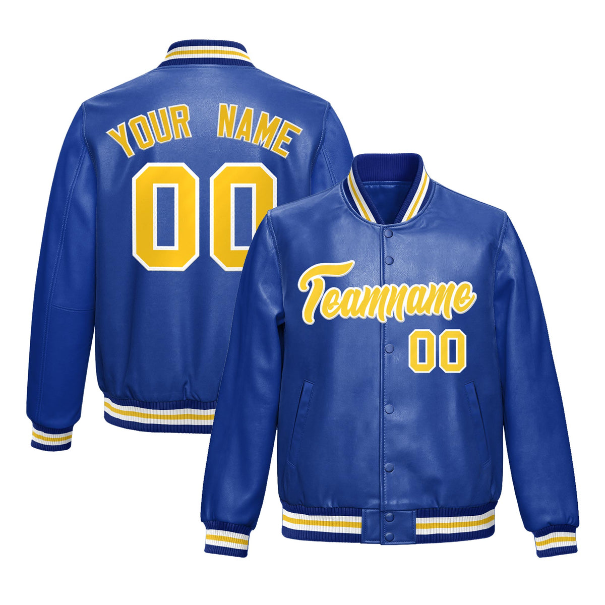 Custom Royal Blue Gold Full-Snap Varsity Faux Leather Letterman Jacket| KXKSHOP