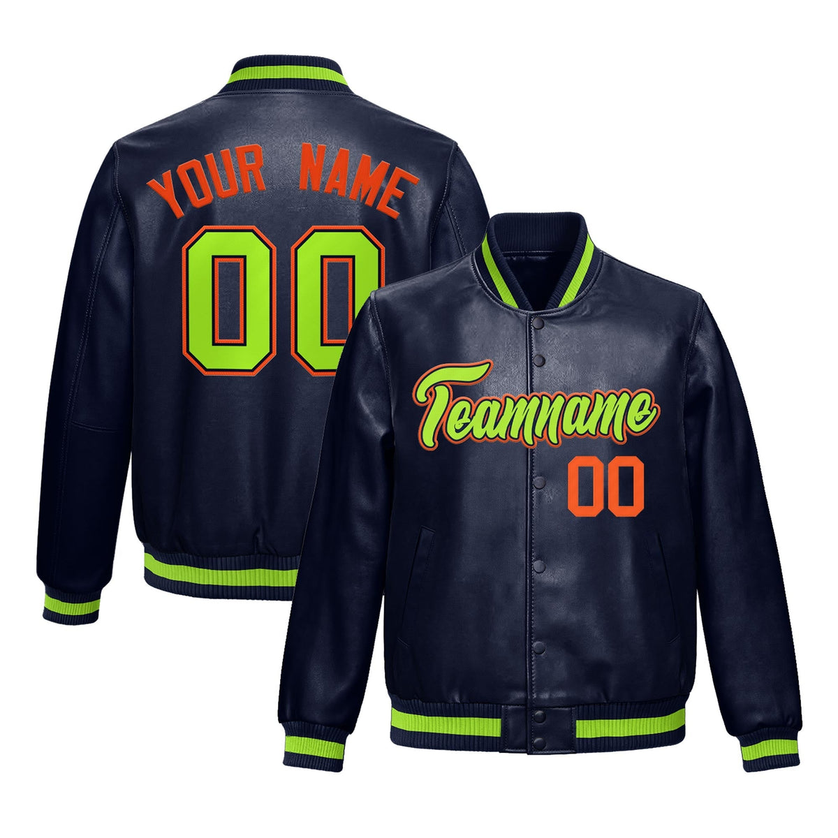Custom Navy Neon Green Full-Snap Varsity Faux Leather Letterman Jacket| KXKSHOP