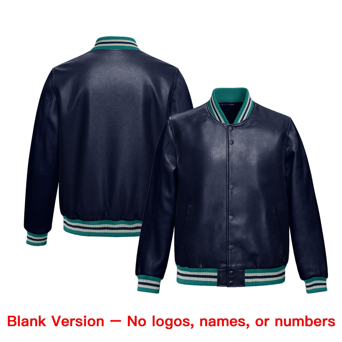 Custom Navy Teal Full-Snap Varsity Faux Leather Letterman Jacket| KXKSHOP