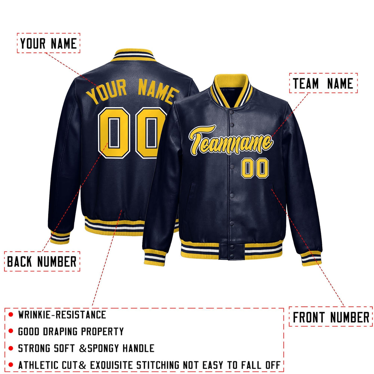 Custom Navy Yellow Full-Snap Varsity Faux Leather Letterman Jacket| KXKSHOP