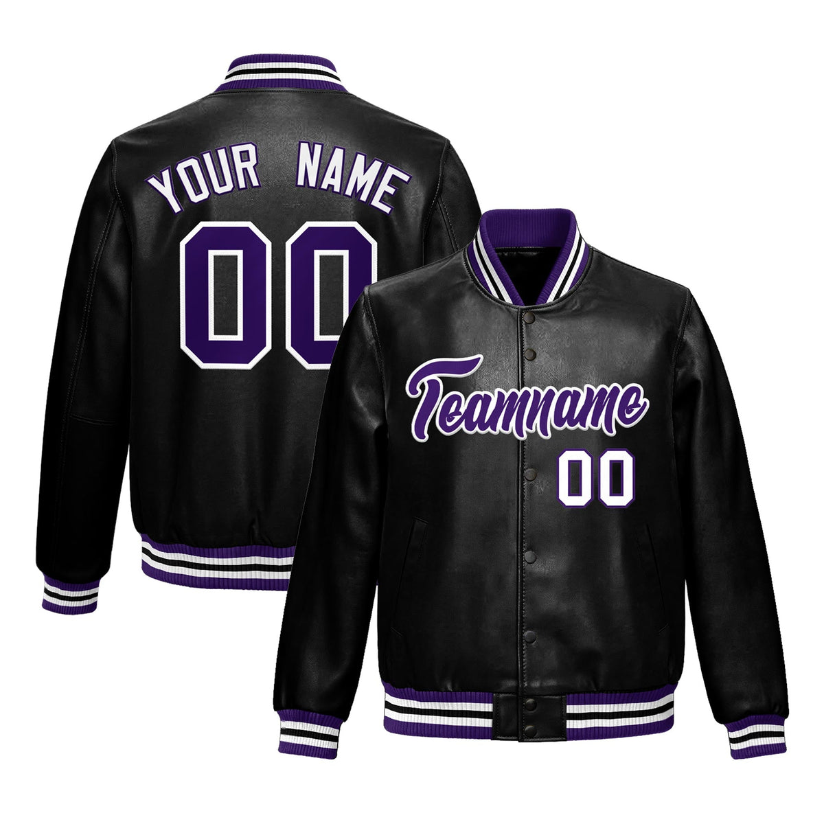 Custom Black Purple White Full-Snap Varsity Faux Leather Letterman Jacket| KXKSHOP