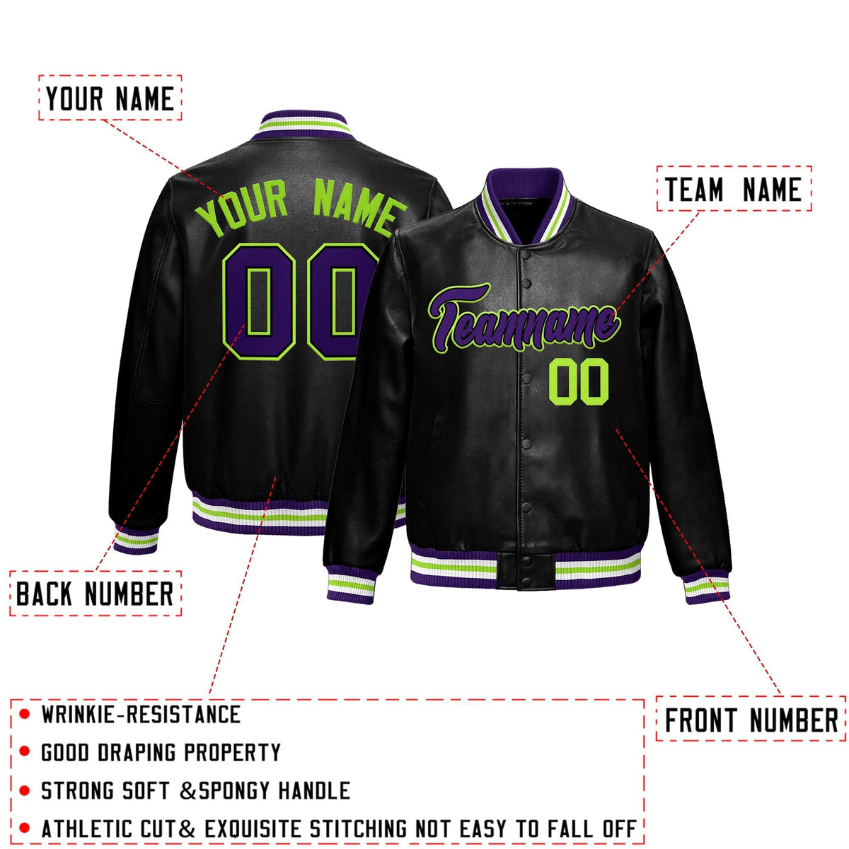 Custom Black Purple Full-Snap Varsity Faux Leather Letterman Jacket| KXKSHOP