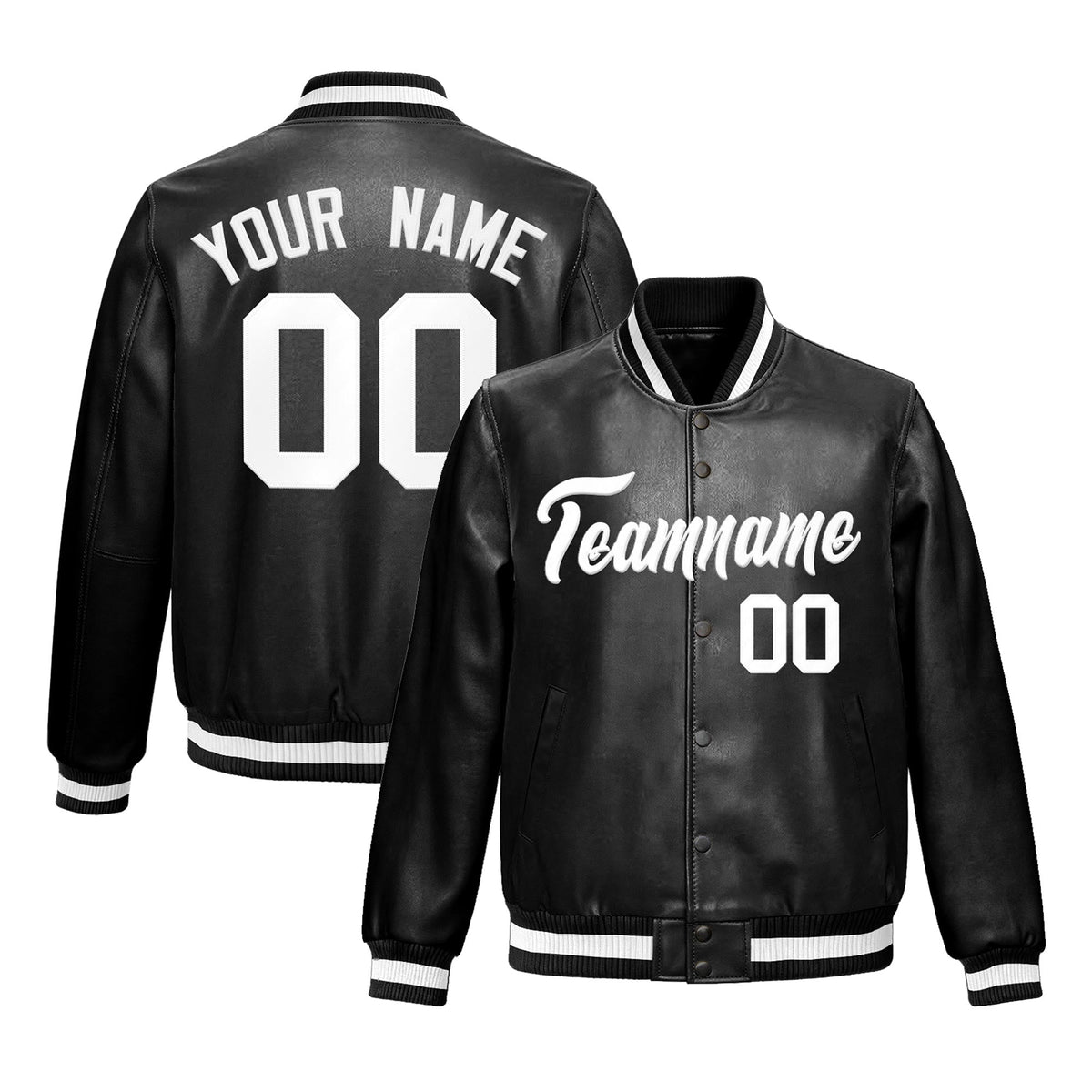 Custom Black White Full-Snap Varsity Faux Leather Letterman Jacket| KXKSHOP
