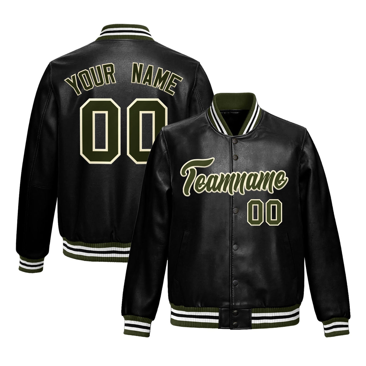 Custom Black Olive Full-Snap Varsity Faux Leather Letterman Jacket| KXKSHOP