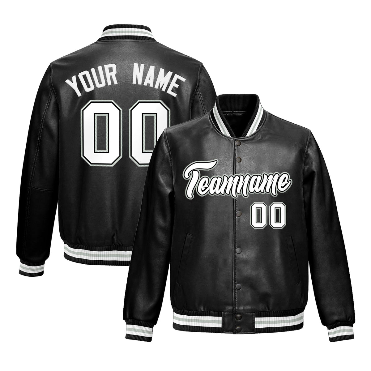 Custom Black White Gray Full-Snap Varsity Faux Leather Letterman Jacket| KXKSHOP
