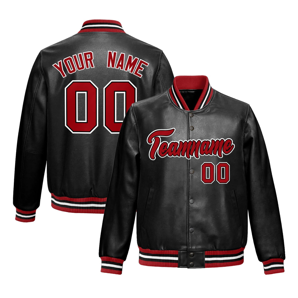 Custom Black Red Full-Snap Varsity Faux Leather Letterman Jacket| KXKSHOP