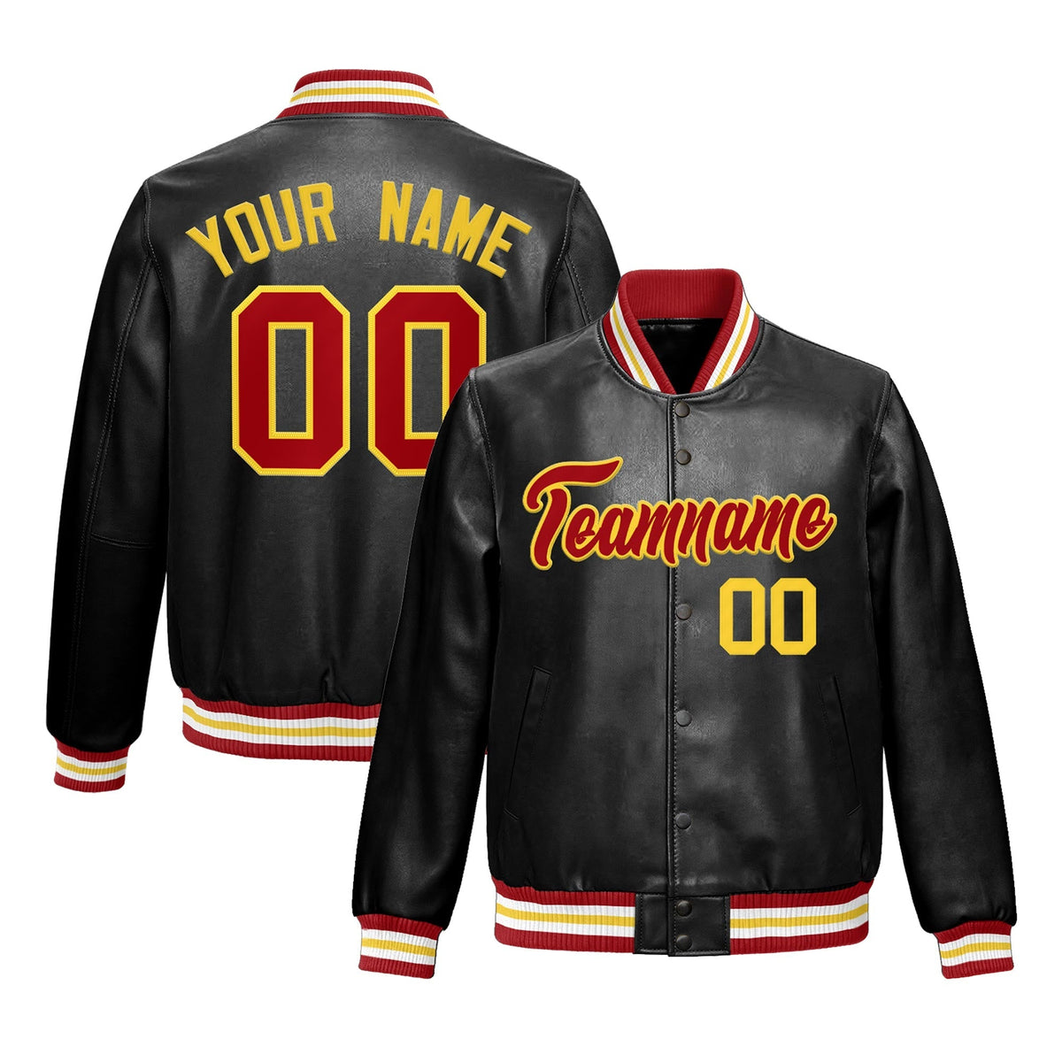 Custom Black Red Gold Full-Snap Varsity Faux Leather Letterman Jacket| KXKSHOP