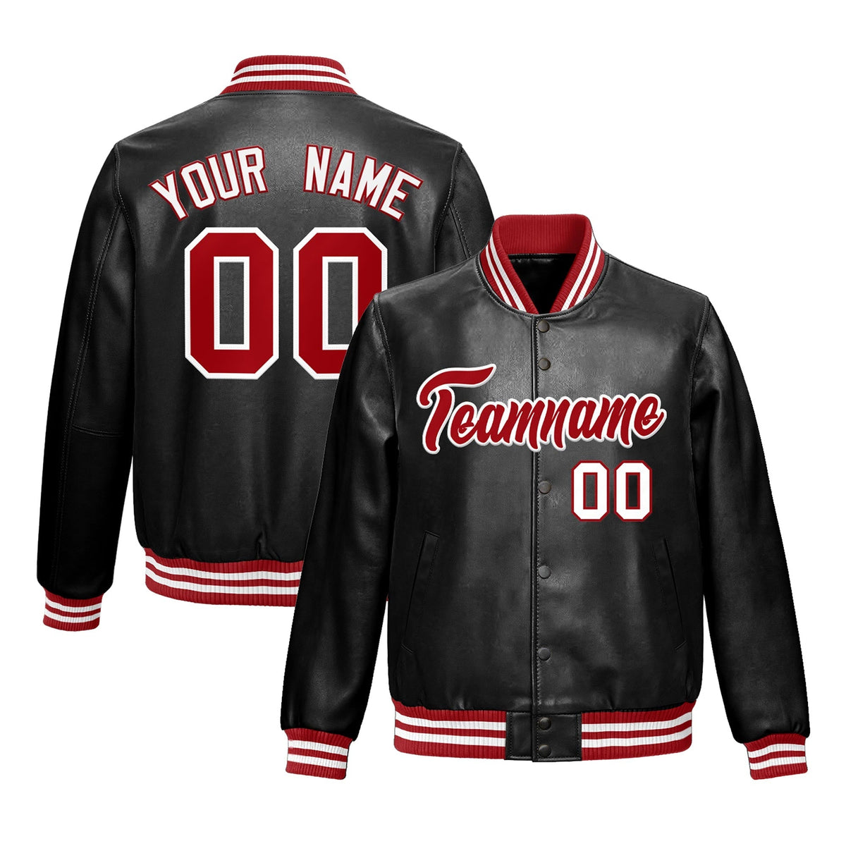 Custom Black Red White Full-Snap Varsity Faux Leather Letterman Jacket| KXKSHOP