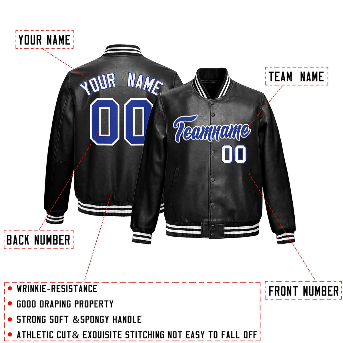 Custom Black Royal Blue White Full-Snap Varsity Faux Leather Letterman Jacket| KXKSHOP