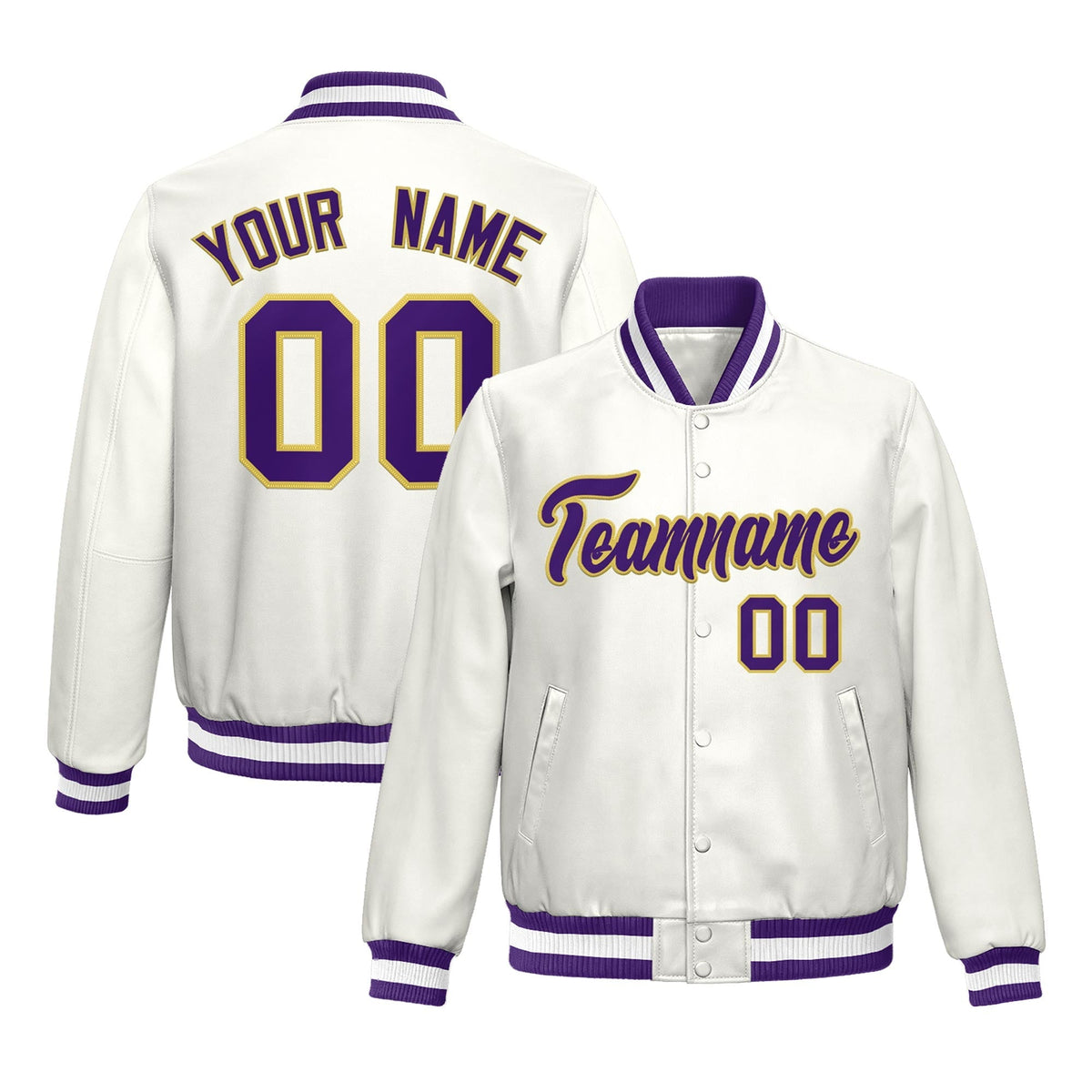 Custom Purple White Full-Snap Varsity Faux Leather Letterman Jacket| KXKSHOP