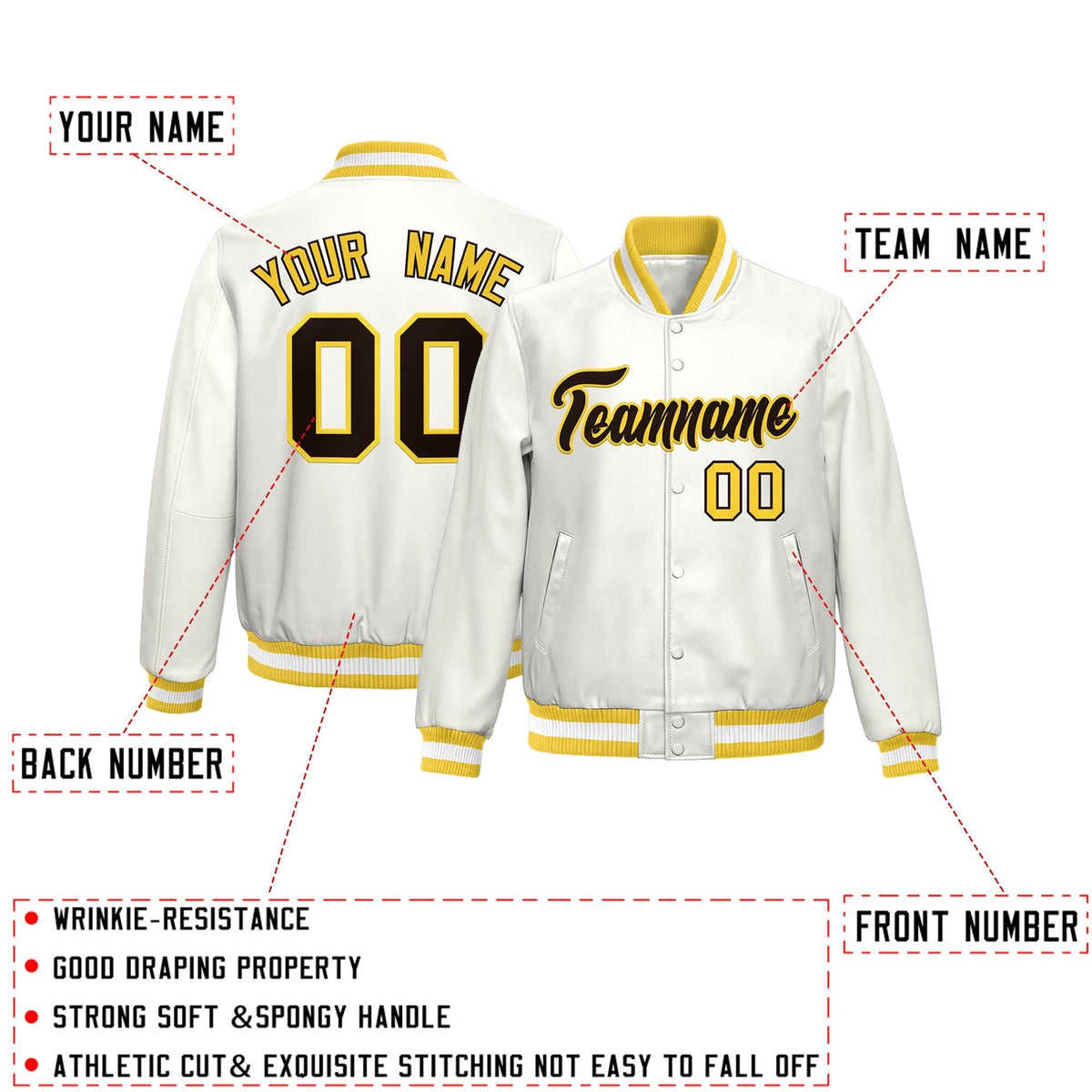 Custom Gold White Full-Snap Varsity Faux Leather Letterman Jacket| KXKSHOP