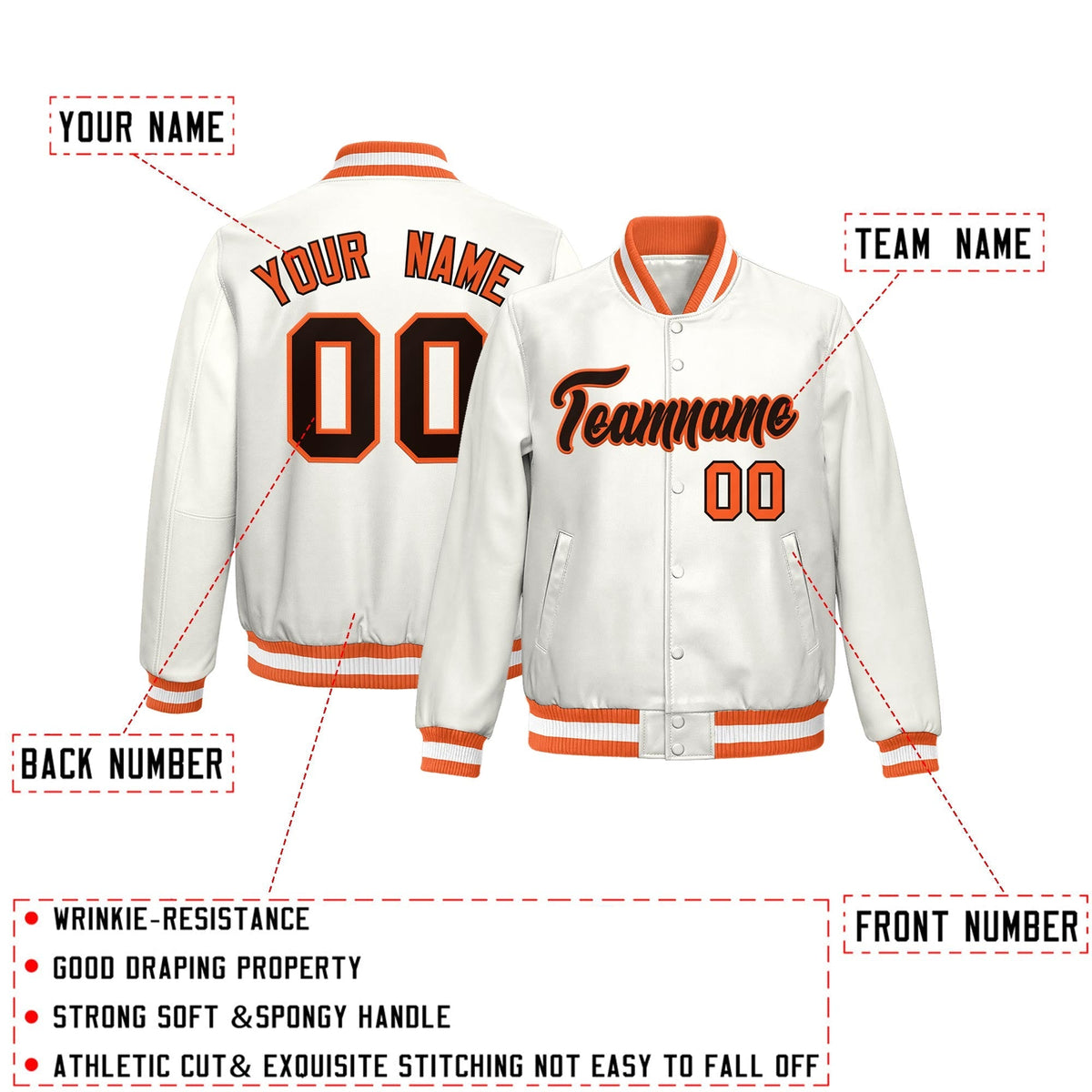 Custom Orange White Full-Snap Varsity Faux Leather Letterman Jacket| KXKSHOP