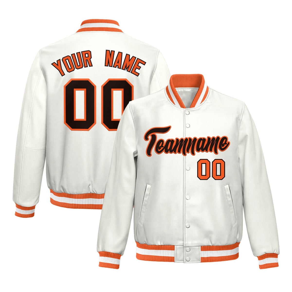 Custom Orange White Full-Snap Varsity Faux Leather Letterman Jacket| KXKSHOP