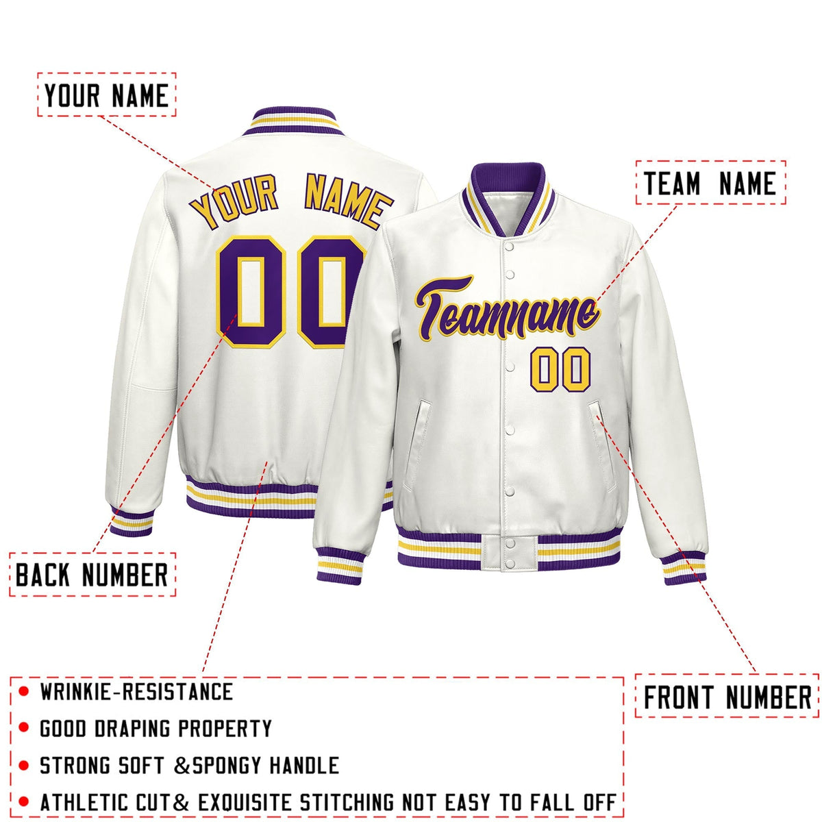Custom White Purple Yellow Full-Snap Varsity Faux Leather Letterman Jacket| KXKSHOP
