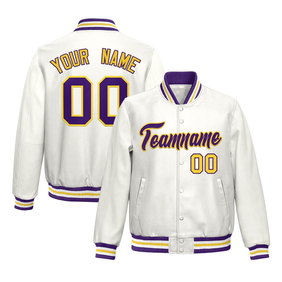 Custom White Purple Yellow Full-Snap Varsity Faux Leather Letterman Jacket| KXKSHOP