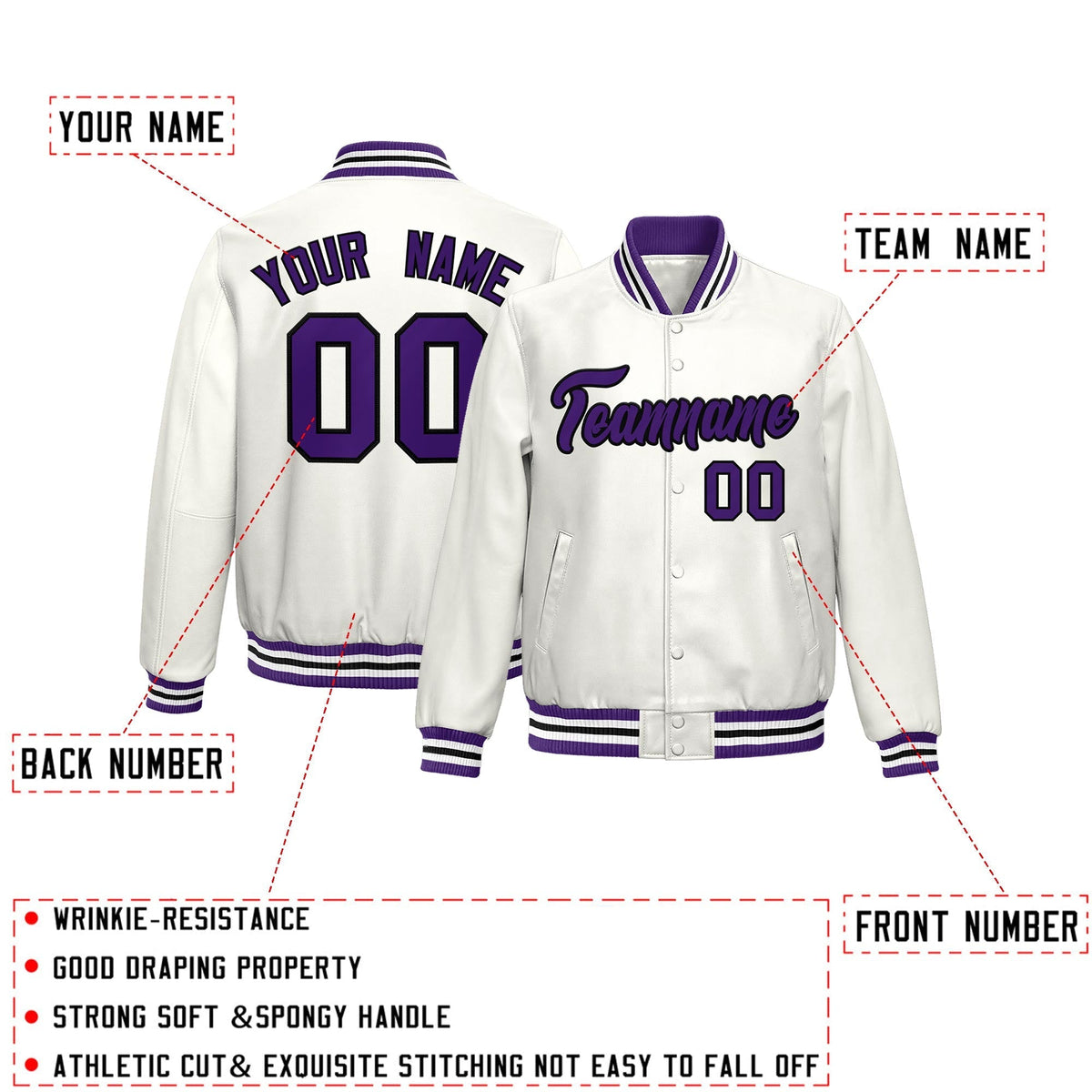 Custom White Purple Full-Snap Varsity Faux Leather Letterman Jacket| KXKSHOP