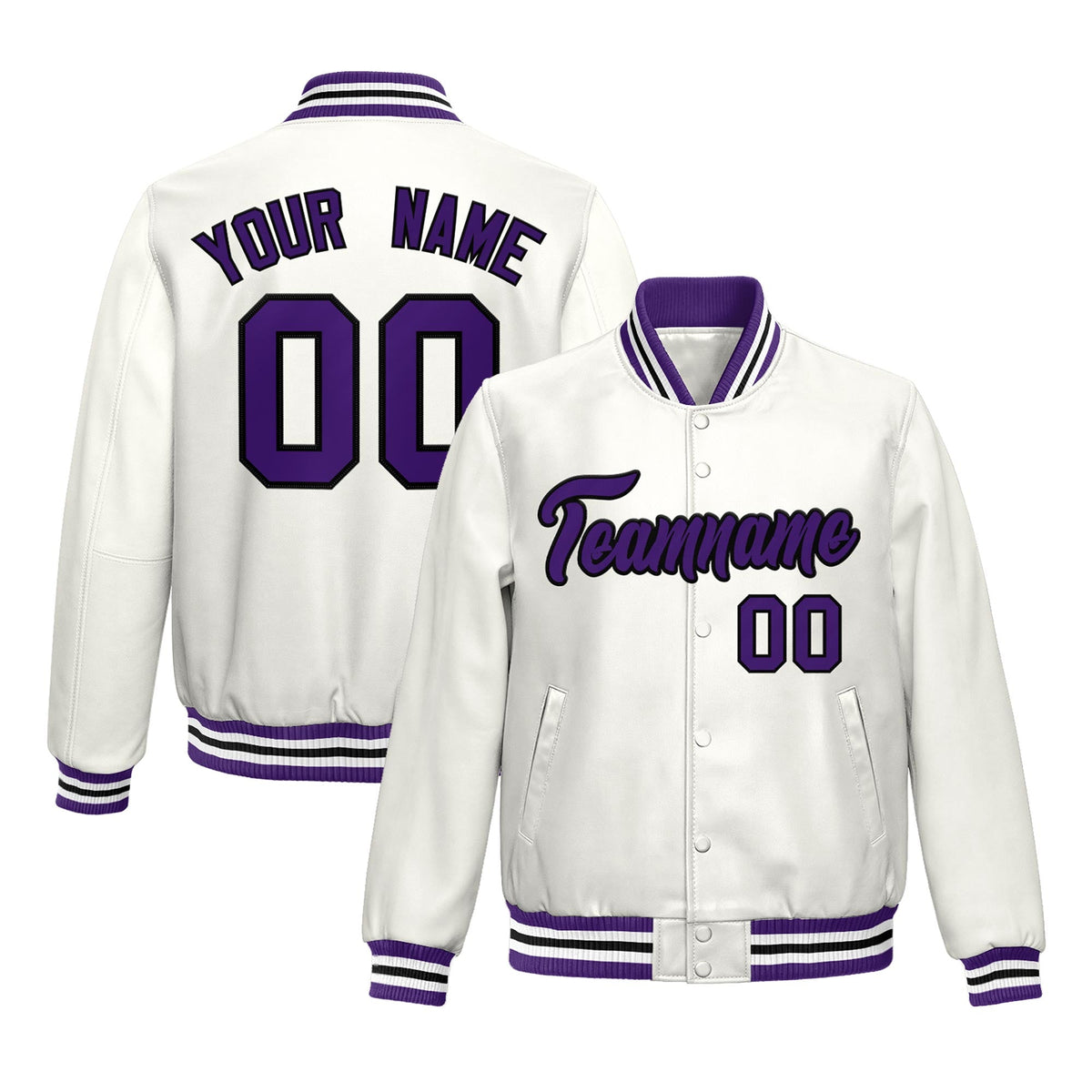 Custom White Purple Full-Snap Varsity Faux Leather Letterman Jacket| KXKSHOP
