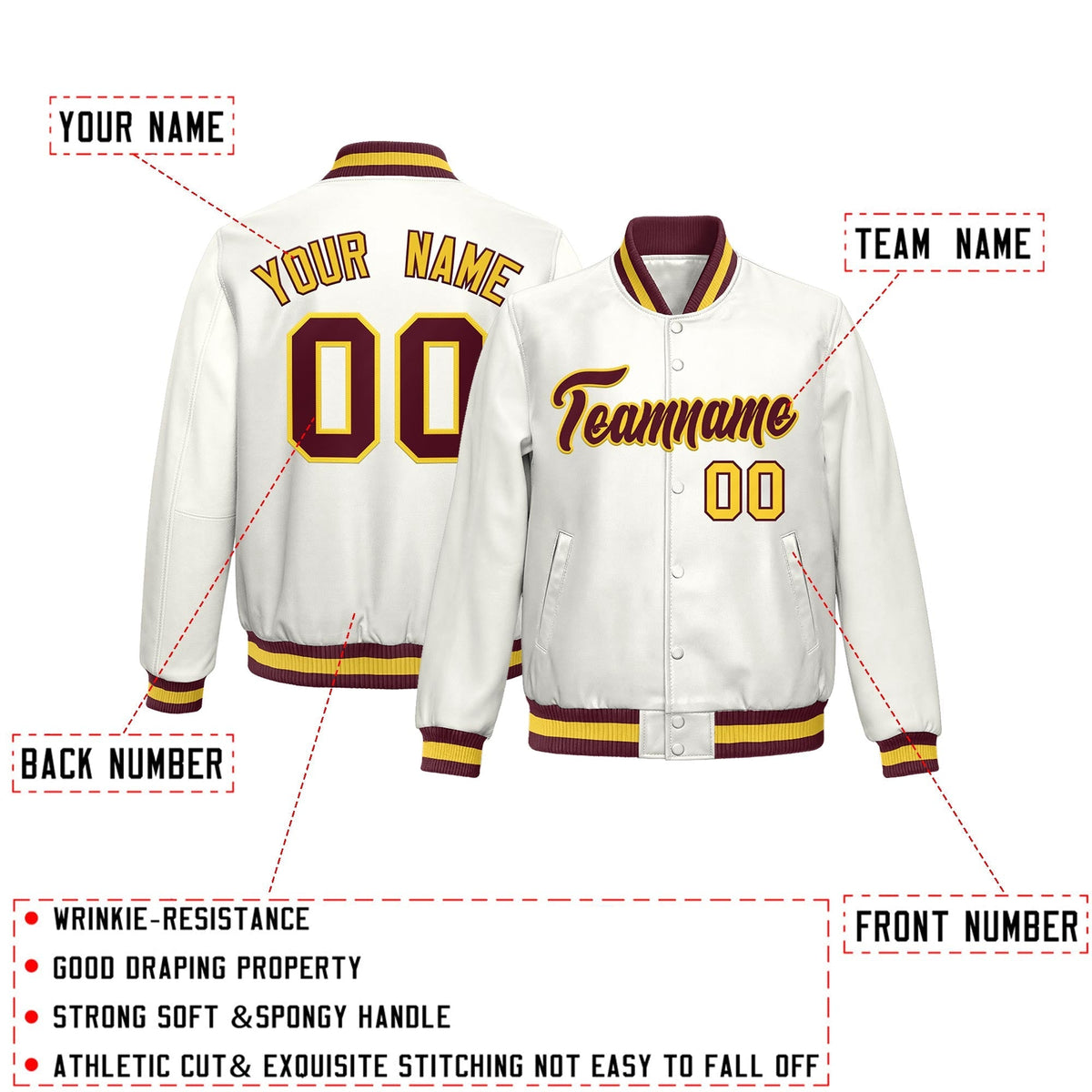Custom White Crimson Yellow Full-Snap Varsity Faux Leather Letterman Jacket| KXKSHOP