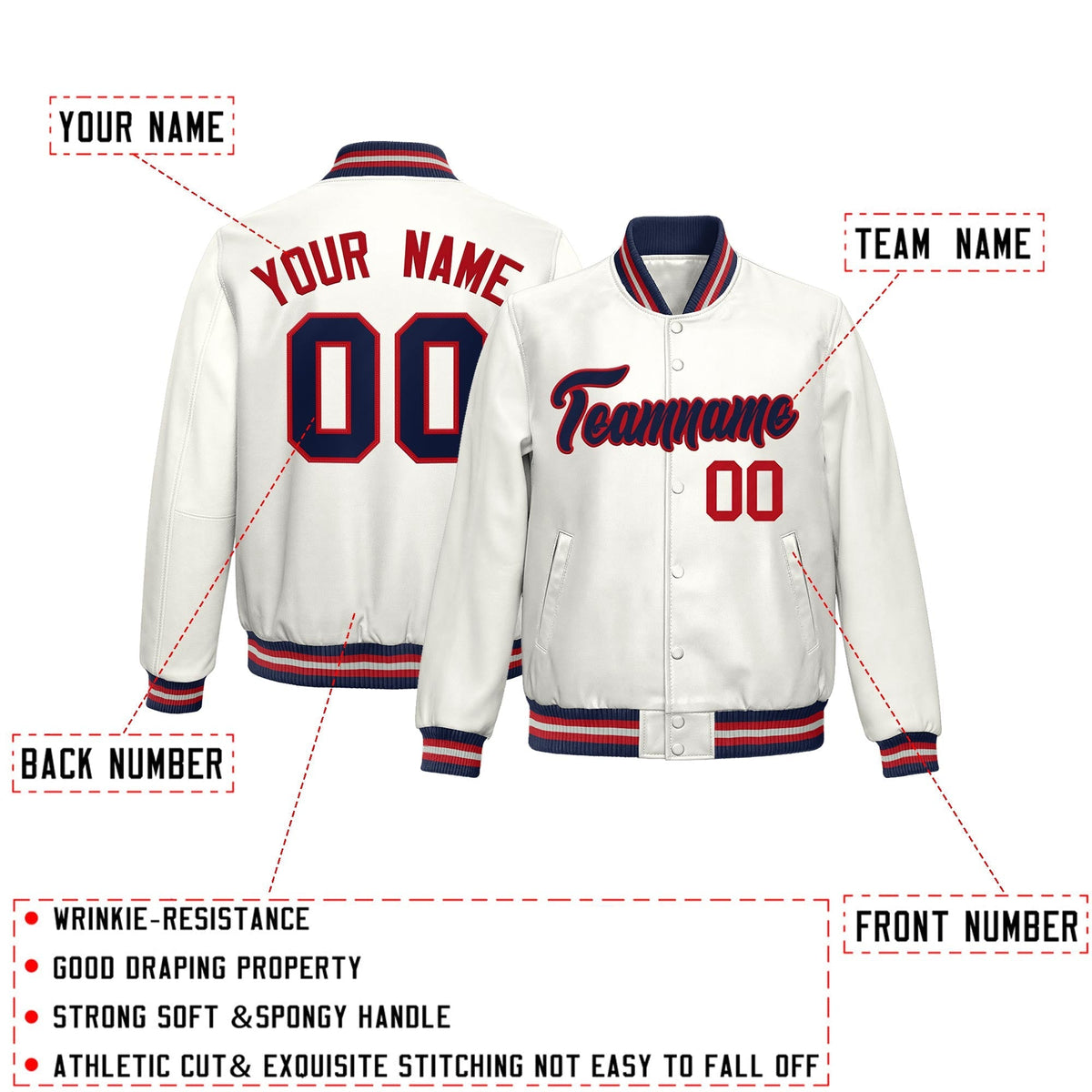 Custom White Navy Red Full-Snap Varsity Faux Leather Letterman Jacket| KXKSHOP