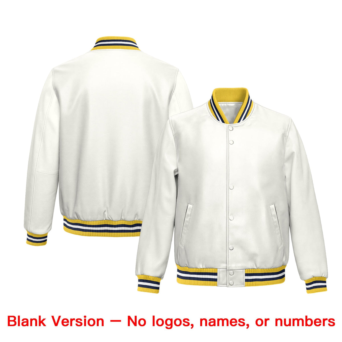 Custom White Yellow Navy Full-Snap Varsity Faux Leather Letterman Jacket| KXKSHOP
