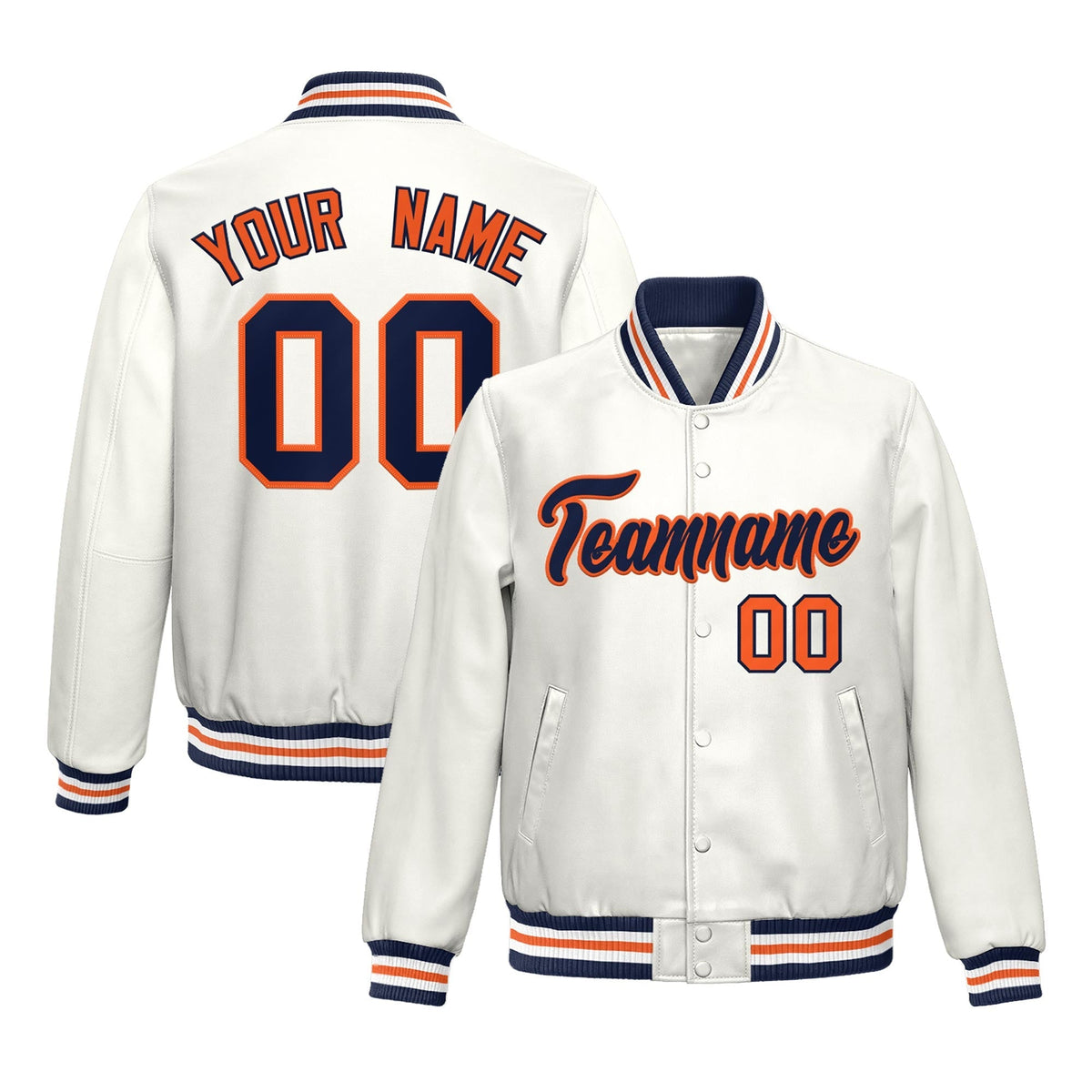 Custom White Navy Orange Full-Snap Varsity Faux Leather Letterman Jacket| KXKSHOP