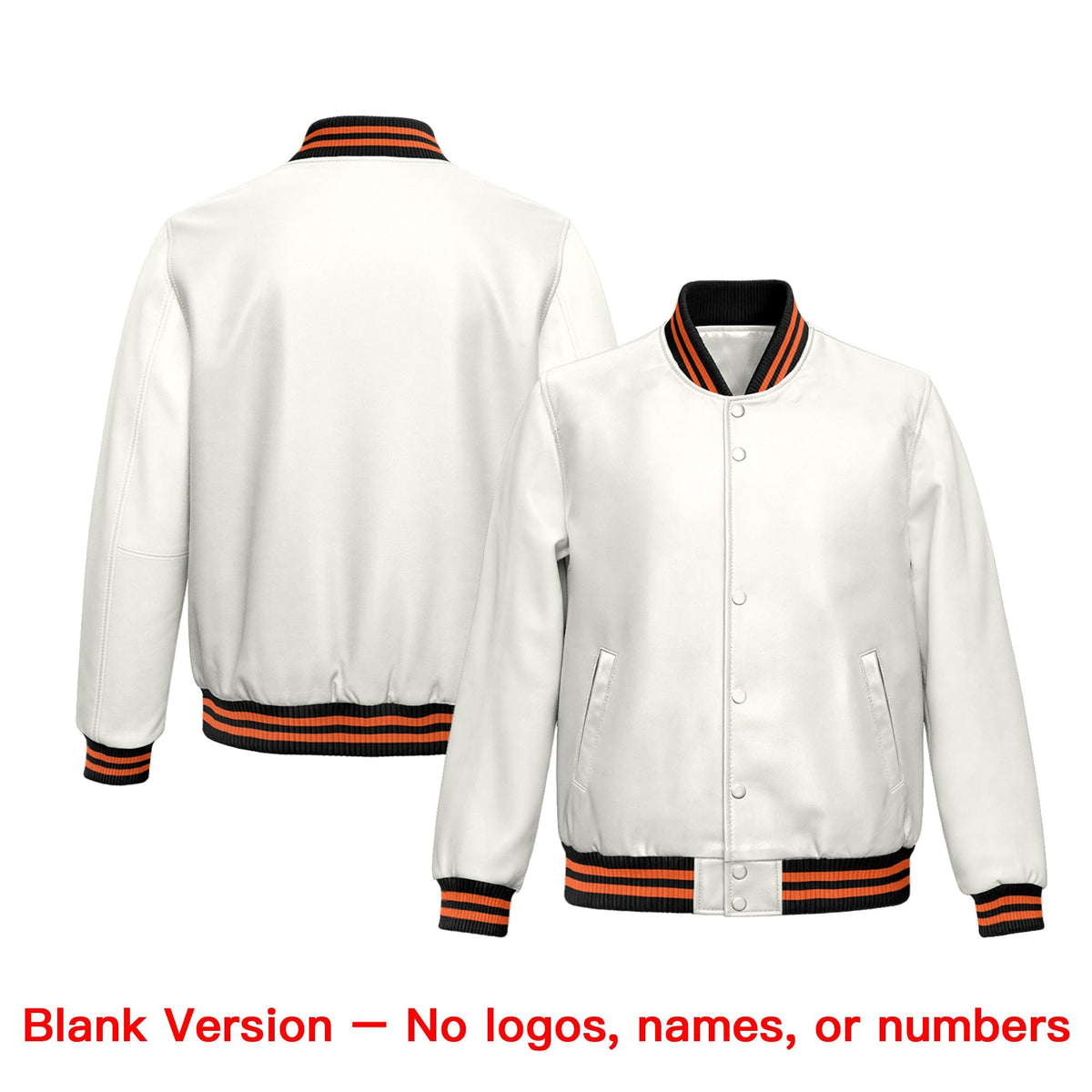 Custom White Orange Full-Snap Varsity Faux Leather Letterman Jacket| KXKSHOP