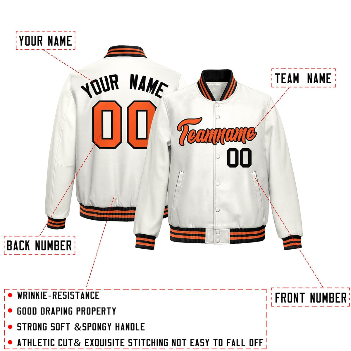 Custom White Orange Full-Snap Varsity Faux Leather Letterman Jacket| KXKSHOP