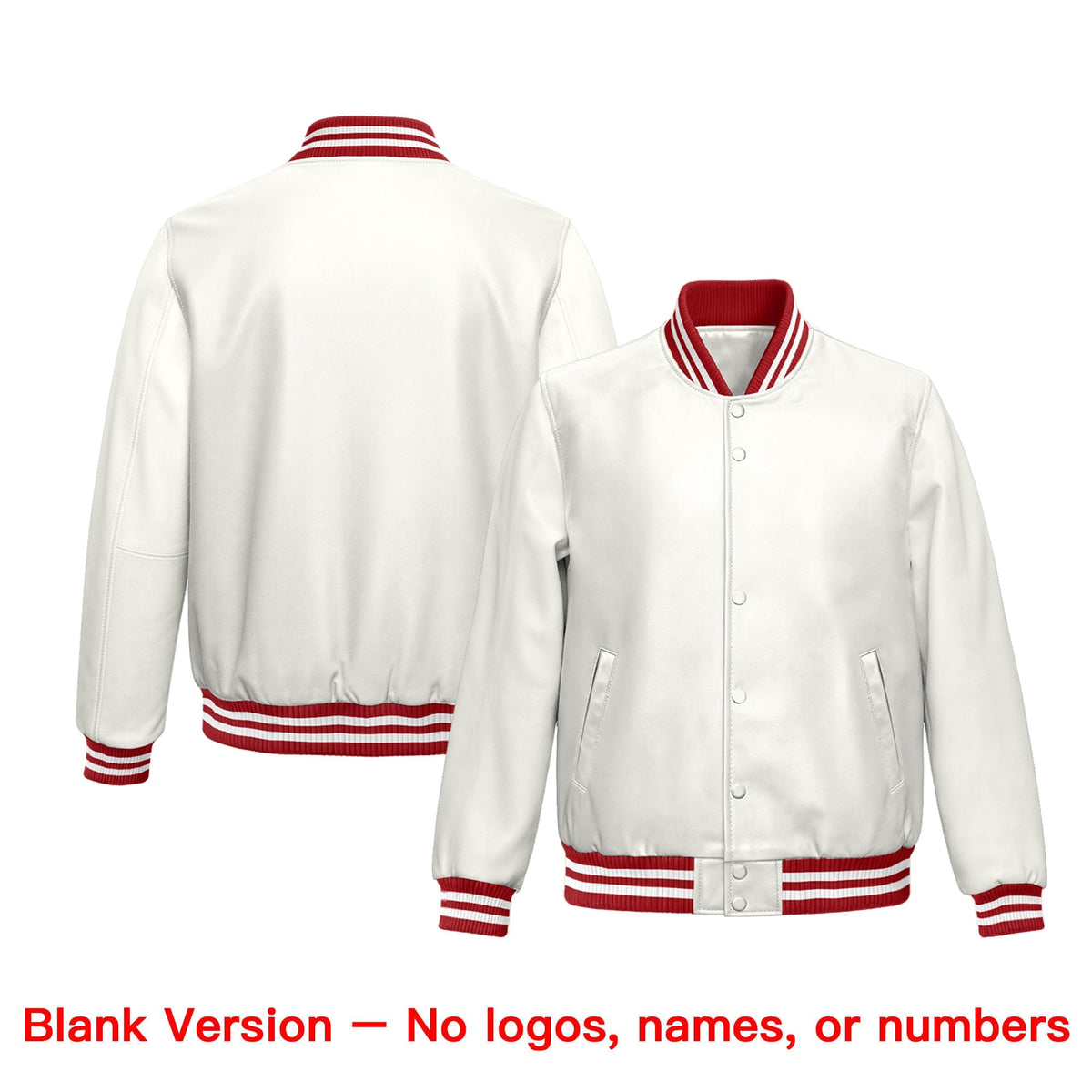 Custom White Red Full-Snap Varsity Faux Leather Letterman Jacket| KXKSHOP