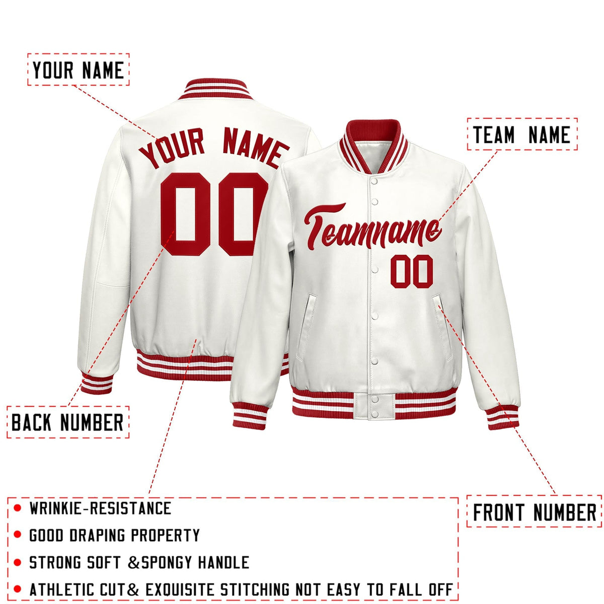 Custom White Red Full-Snap Varsity Faux Leather Letterman Jacket| KXKSHOP