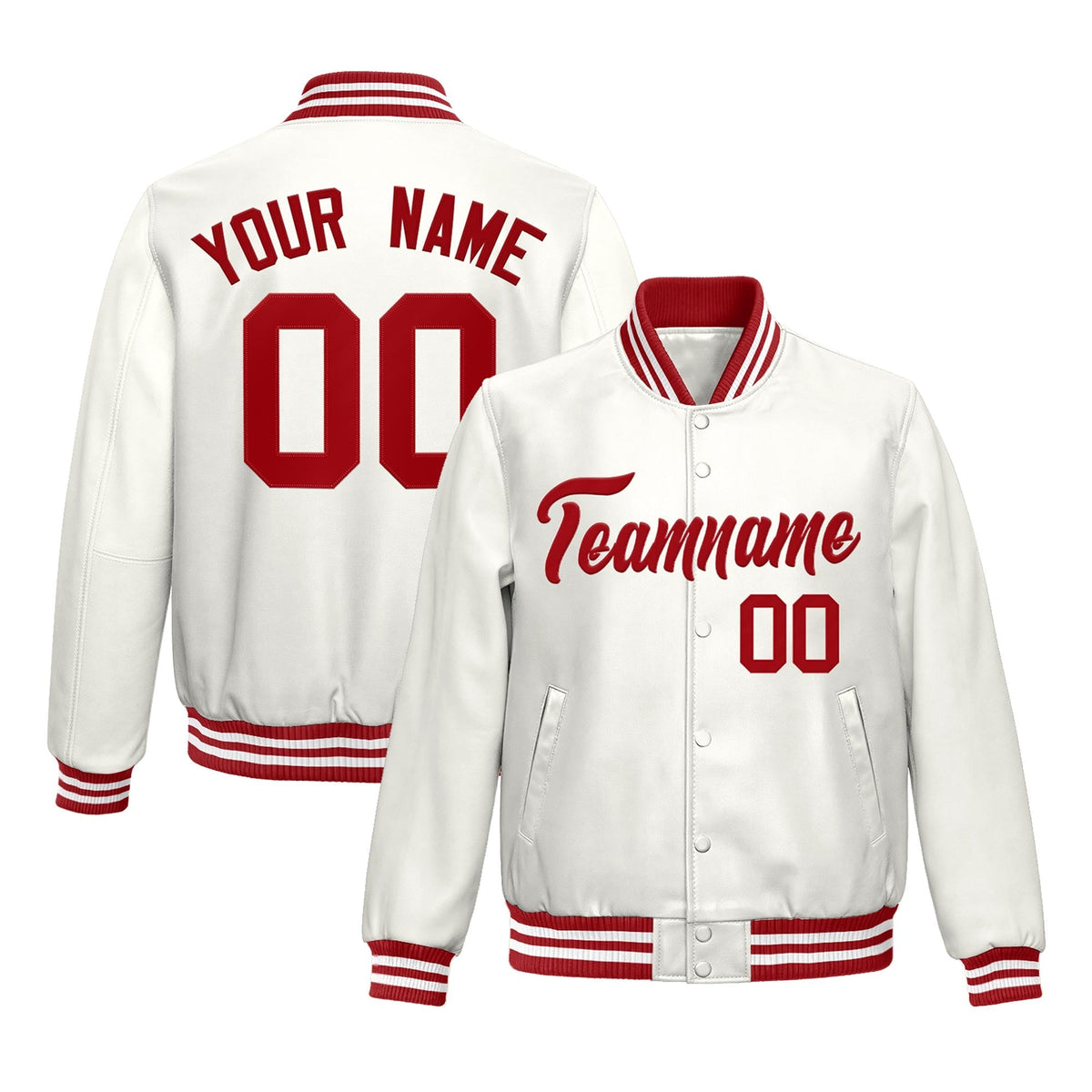 Custom White Red Full-Snap Varsity Faux Leather Letterman Jacket| KXKSHOP