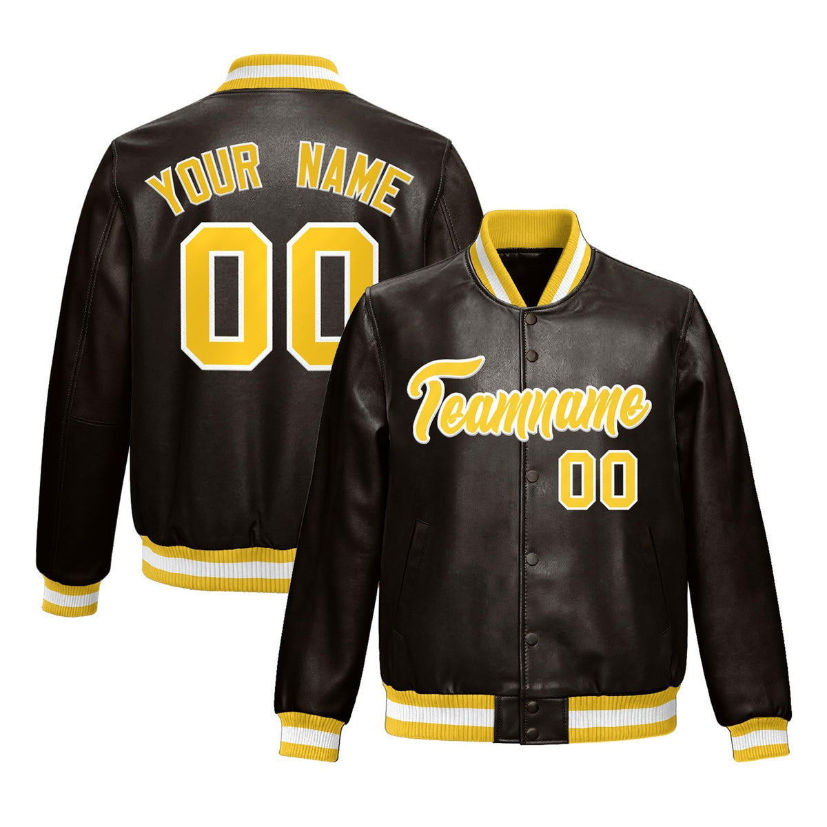 Custom Brown Yellow Full-Snap Varsity Faux Leather Letterman Jacket| KXKSHOP