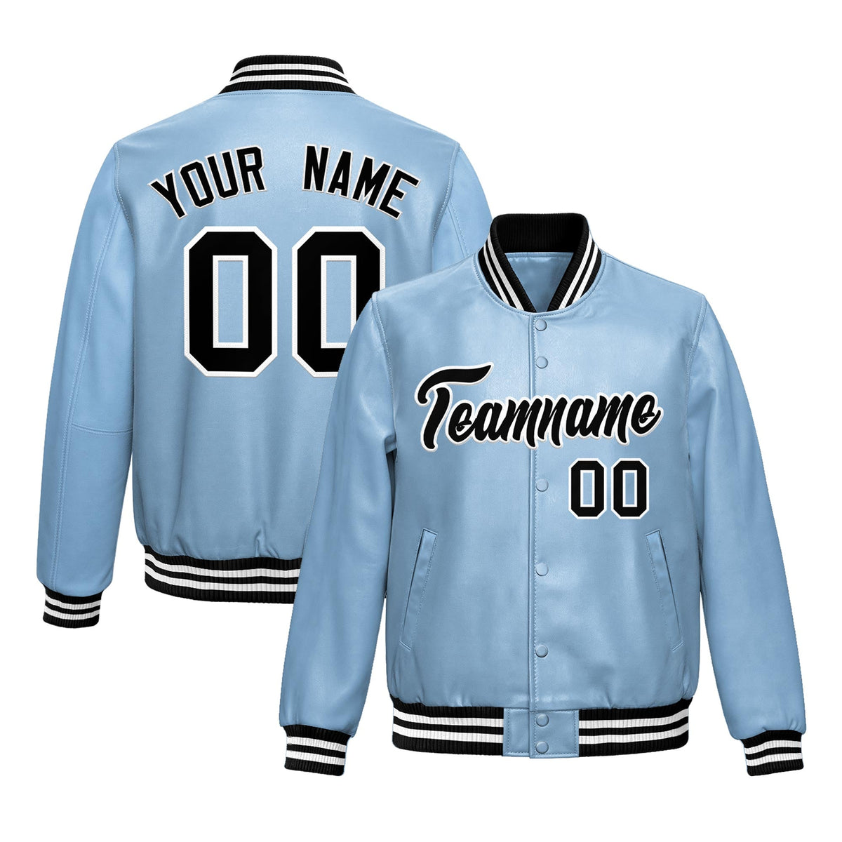 Custom Powder Blue Black Full-Snap Varsity Faux Leather Letterman Jacket| KXKSHOP