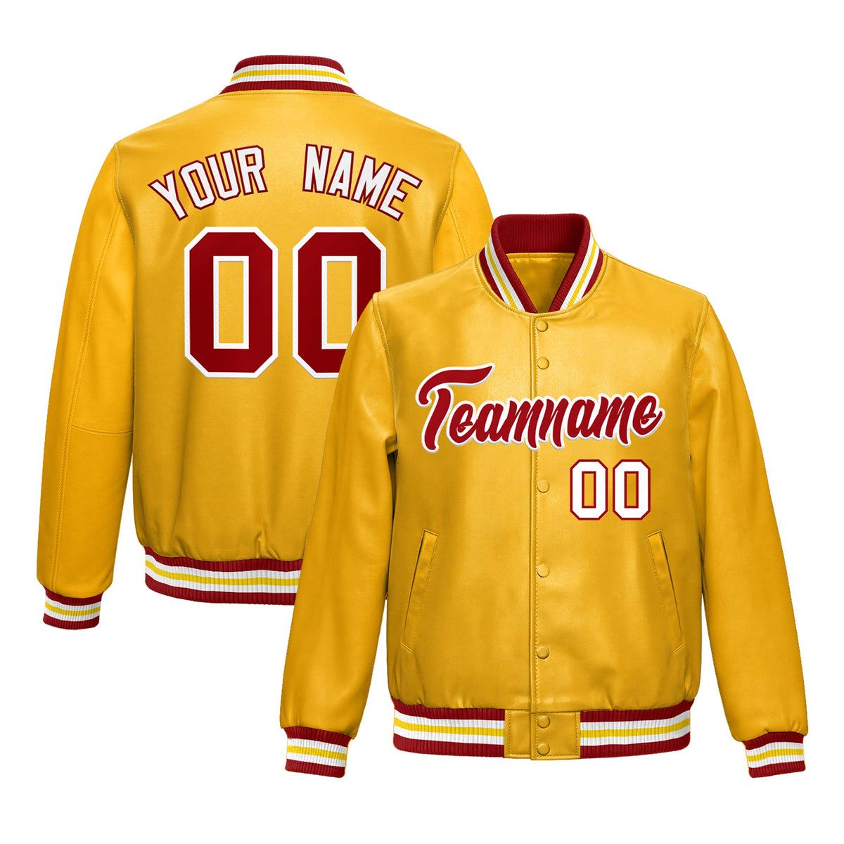Custom Yellow Red Full-Snap Varsity Faux Leather Letterman Jacket| KXKSHOP