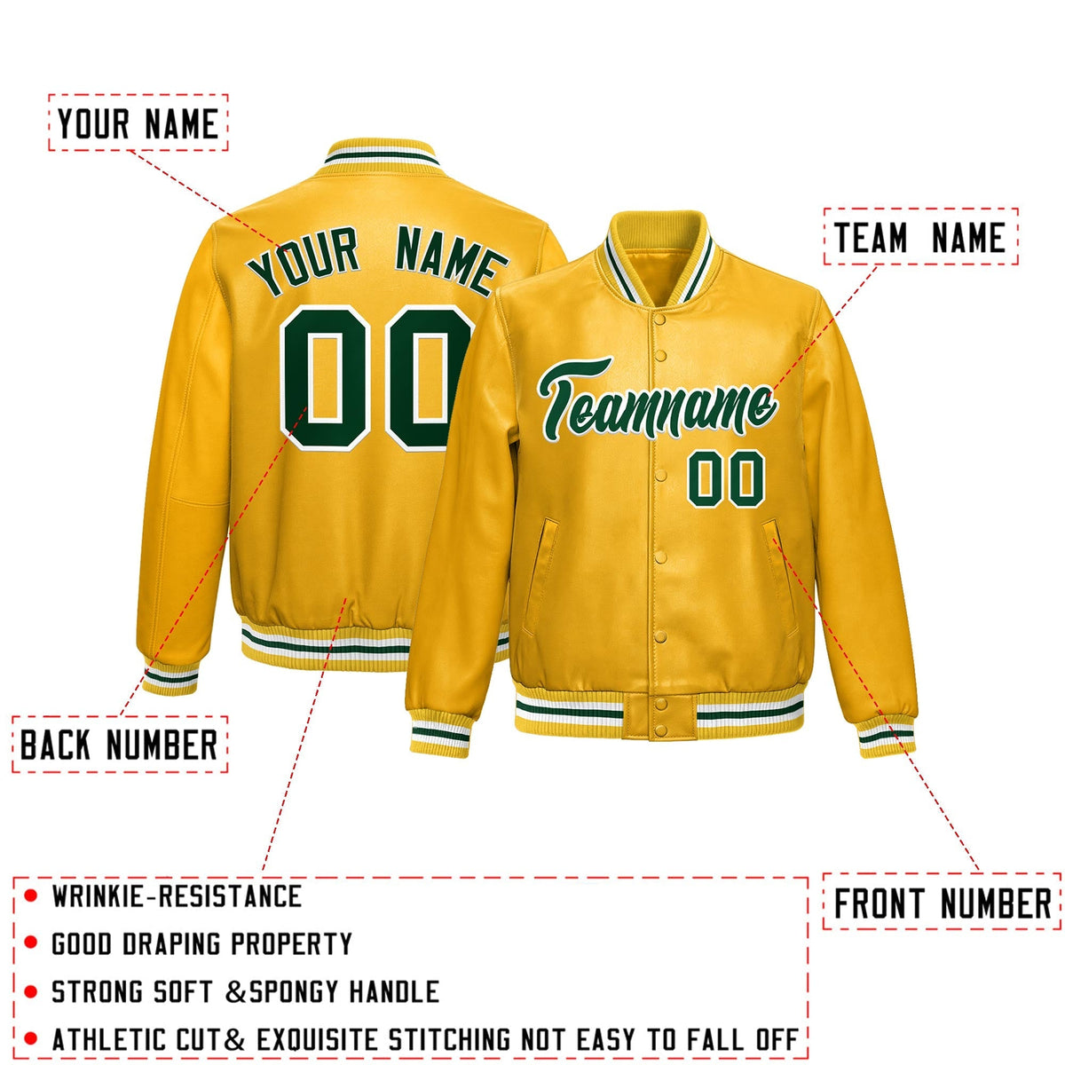 Custom Yellow Dark Green Full-Snap Varsity Faux Leather Letterman Jacket| KXKSHOP