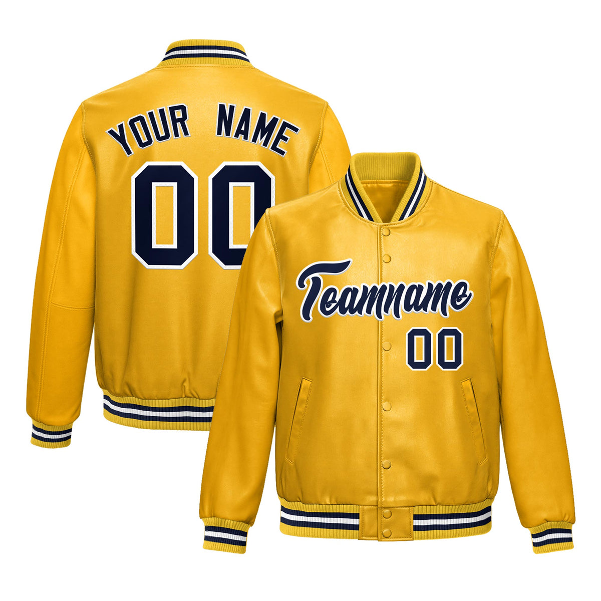 Custom Yellow Navy Full-Snap Varsity Faux Leather Letterman Jacket| KXKSHOP