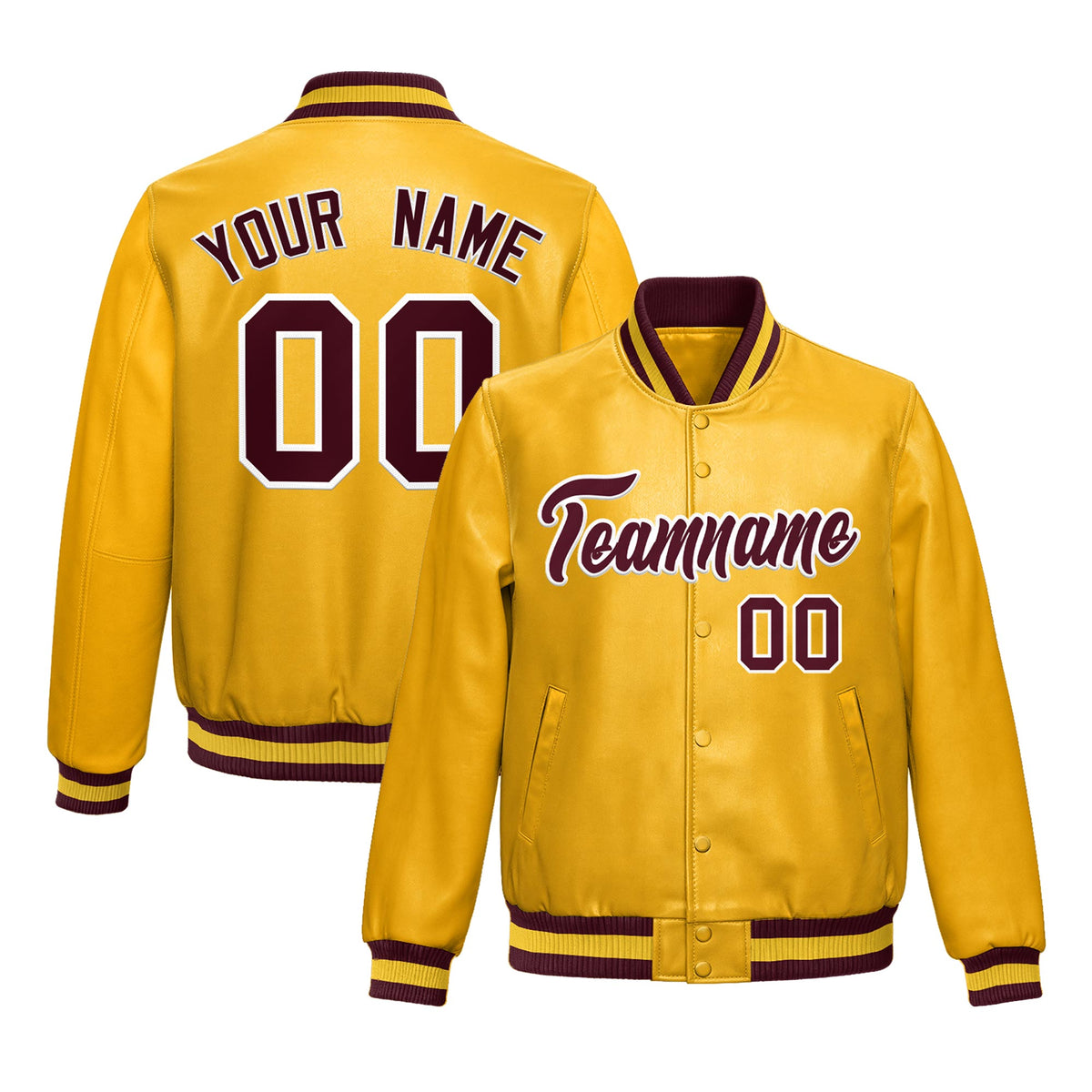 Custom Yellow Crimson Full-Snap Varsity Faux Leather Letterman Jacket| KXKSHOP