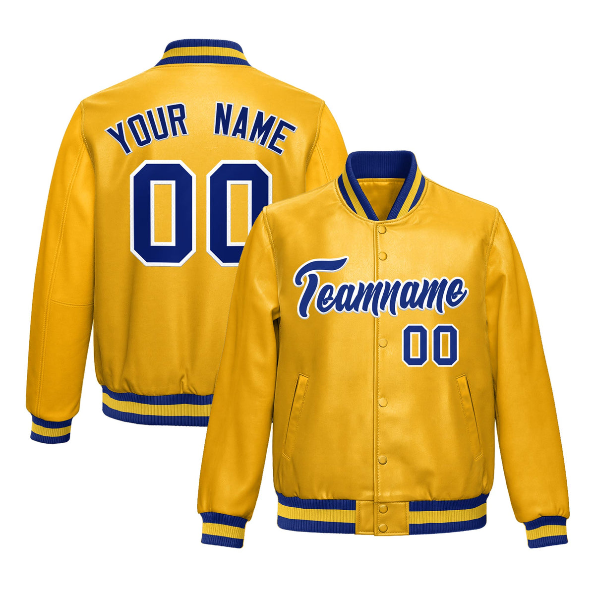 Custom Yellow Royal Blue Full-Snap Varsity Faux Leather Letterman Jacket| KXKSHOP